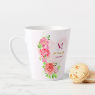 Roze Aquarel Roos Bloemige Monogram Initiaal Latte Mok