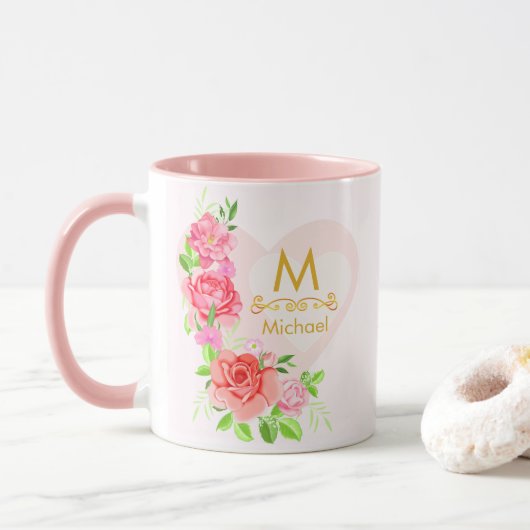 Roze Aquarel Roos Bloemige Monogram Initiaal Mok (Met donut)