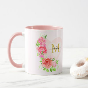 Roze Aquarel Roos Bloemige Monogram Initiaal Mok