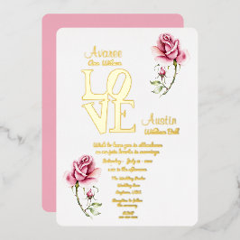 Roze Aquarel Roos en Gouden Folie Uitnodiging
