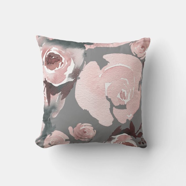 Roze Aquarel Rozen Grijs Houtskool Bloemmotief Kussen (Voorkant)