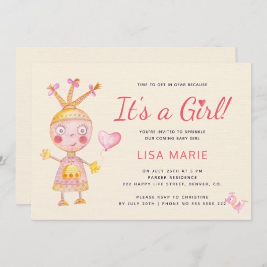 Roze aquarel schattige robot het is een meisje bab kaart (Voorkant / Achterkant)