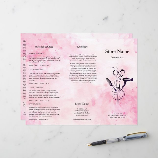 Roze Aquarel Schoonheidssalon Drievoudige Brochure (Voorkant / Achterkant in situ)