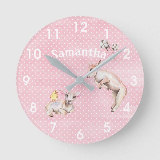 Roze Aquarel Springend Lam Babykamer Ronde Klok (Voorkant)