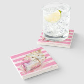 Roze Aquarel Strand Strepen Gouden Shell Stenen Onderzetter (Zijkant)