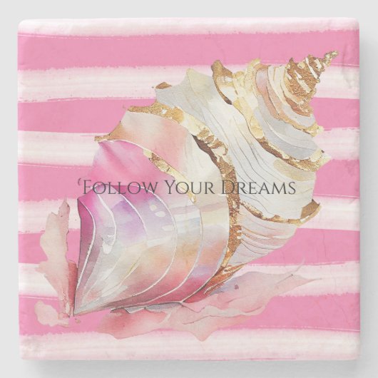 Roze Aquarel Strand Strepen Gouden Shell Stenen Onderzetter (Voorkant)