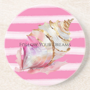 Roze Aquarel Strand Strepen Gouden Shell Zandsteen Onderzetter