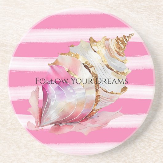 Roze Aquarel Strand Strepen Gouden Shell Zandsteen Onderzetter (Voorkant)