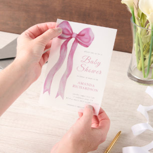 Roze Aquarel Strik Meisje Baby Shower Vellum Uitnodigingen