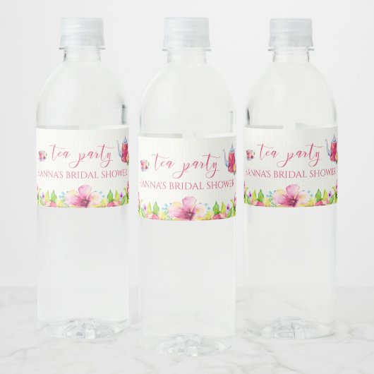 Roze Aquarel Thee Feestje Waterfles Etiket (Flessen)