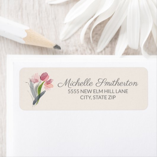 Roze Aquarel Tulpen Crème Elegant Script Label (Insitu)