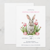 Roze Aquarel Tulpen Konijn Kaart (Voorkant / Achterkant)