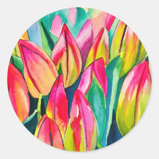 Roze aquarel tulpen kunst ronde sticker (Voorkant)