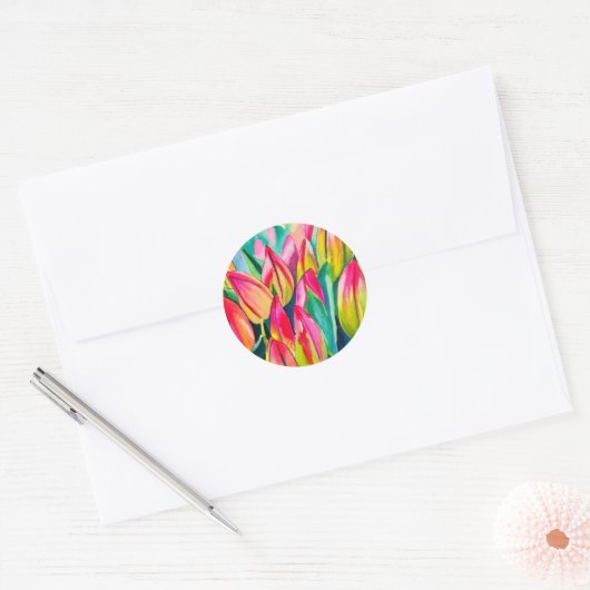 Roze aquarel tulpen kunst ronde sticker (Envelop)