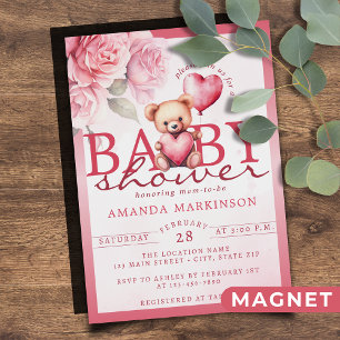 Roze Aquarel Valentijnsdag Teddybeer Baby Shower Magnetische Uitnodiging