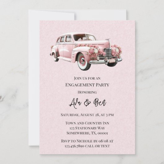 Roze Aquarel Vintage Auto Verlovingsfeest Kaart (Voorkant)