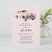 Roze Aquarel Vintage Auto Verlovingsfeest Kaart (Staand voorkant)