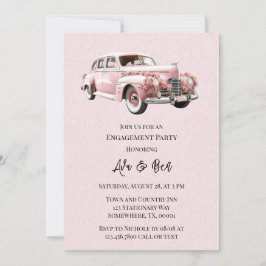 Roze Aquarel Vintage Auto Verlovingsfeest Kaart