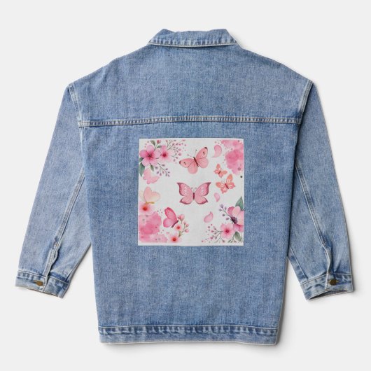 Roze Aquarel Vlinder Bloementuin Denim Jacket (Achterkant)