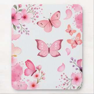 Roze Aquarel Vlinder Bloementuin Muismat