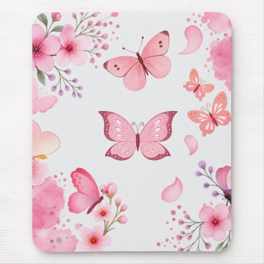 Roze Aquarel Vlinder Bloementuin Muismat (Voorkant)