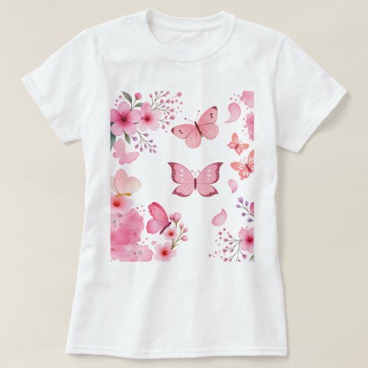 Roze Aquarel Vlinder Bloementuin T-shirt (Design voorkant)