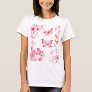 Roze Aquarel Vlinder Bloementuin T-shirt
