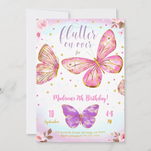 Roze Aquarel Vlinder Uitnodiging (Voorkant)