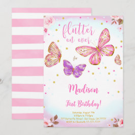 Roze Aquarel Vlinder Verjaardagsuitnodiging Kaart