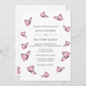 Roze aquarel vlinders. Elegante trouw uitnodiging (Voorkant / Achterkant)