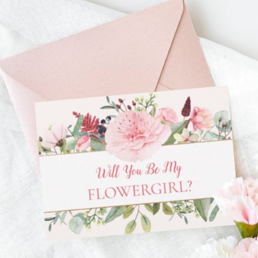 Roze Aquarel Wil Je Mijn Bloemenmeisje Zijn  Kaart