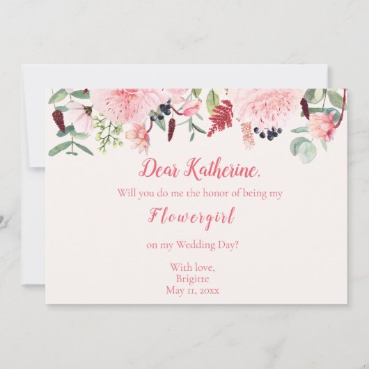 Roze Aquarel Wil Je Mijn Bloemenmeisje Zijn  Kaart (Achterkant)