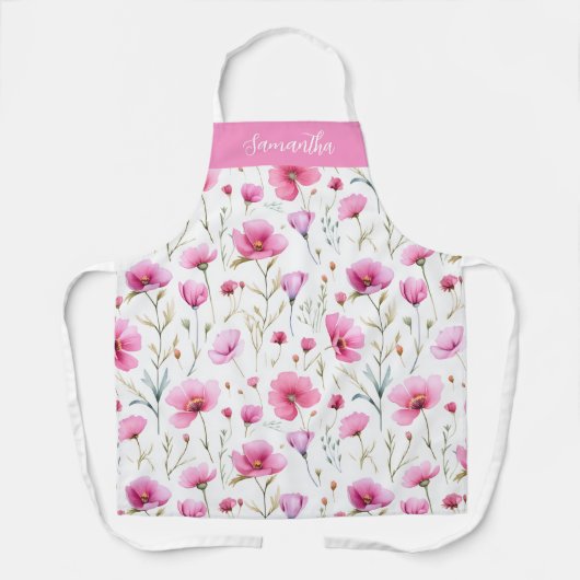 Roze Aquarel Wilde Bloem Initiaal Naam Schort (Voorkant)