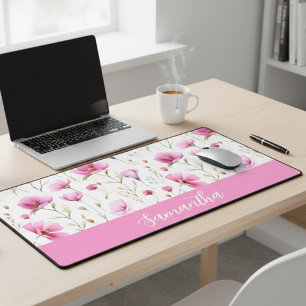 Roze Aquarel Wilde Bloem Monogram Naam Bureaumat