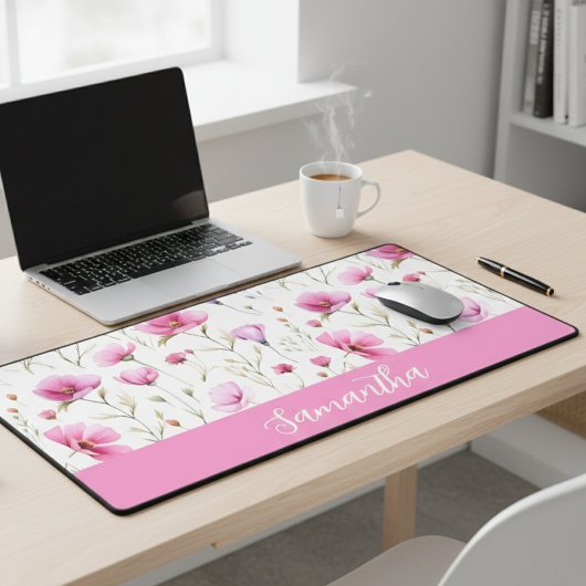 Roze Aquarel Wilde Bloem Monogram Naam Bureaumat