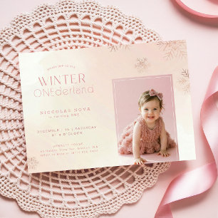 Roze Aquarel Winter Onederland Verjaardagsfoto Kaart