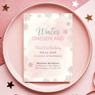 Roze Aquarel Winter Wonderland Eerste Verjaardag Kaart