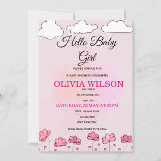 Roze Aquarel Wolken & Bloemen Baby Meisje Shower Kaart