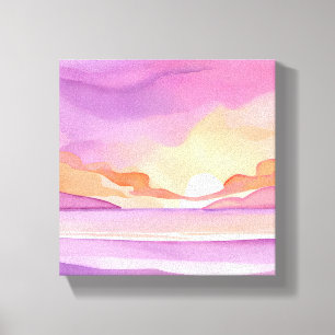 Roze Aquarel Zonsondergang   Mooie Oceaan Lucht Canvas Afdruk