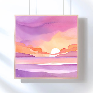 Roze Aquarel Zonsondergang   Mooie Oceaan Lucht Poster