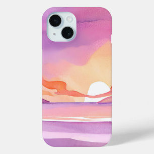 Roze Aquarel Zonsondergang   Mooie Oceaanlucht iPhone 15 Case