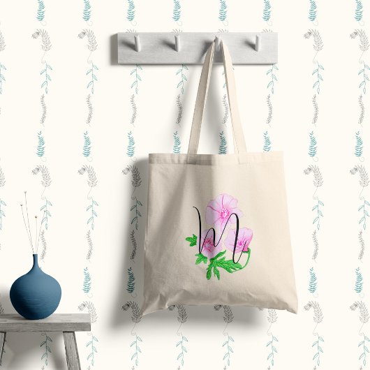 Roze aquarelbloemen met je initiaal tote bag