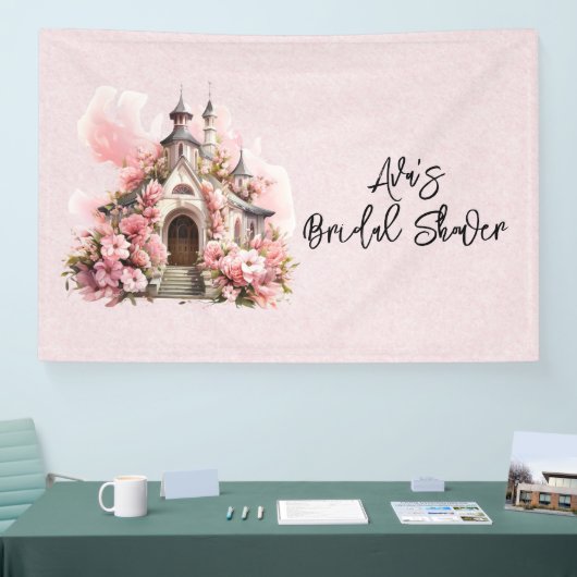 Roze Aquarelkerk Bruidsdouche Spandoek (Beurs)
