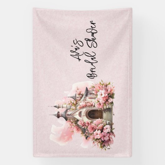 Roze Aquarelkerk Bruidsdouche Spandoek (Verticaal)