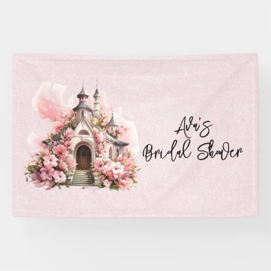 Roze Aquarelkerk Bruiloftsborrel Spandoek (Horizontaal)