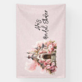 Roze Aquarelkerk Bruiloftsborrel Spandoek (Verticaal)