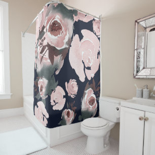 Roze aquarelrozen donker marineblauw bloemmotief douchegordijn