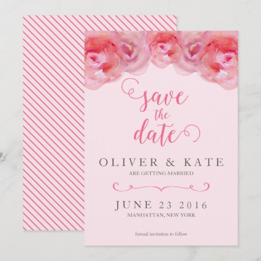 Roze Aquarelrozen Save the Date Kaart (Voorkant / Achterkant)