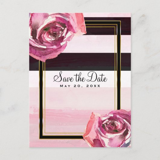 Roze aquarelrozen Zwart Wit Save the Date Aankondigingskaart (Voorkant)
