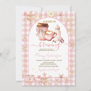 Roze Arch Gingham Baby Is Brewing Baby Shower Kaart